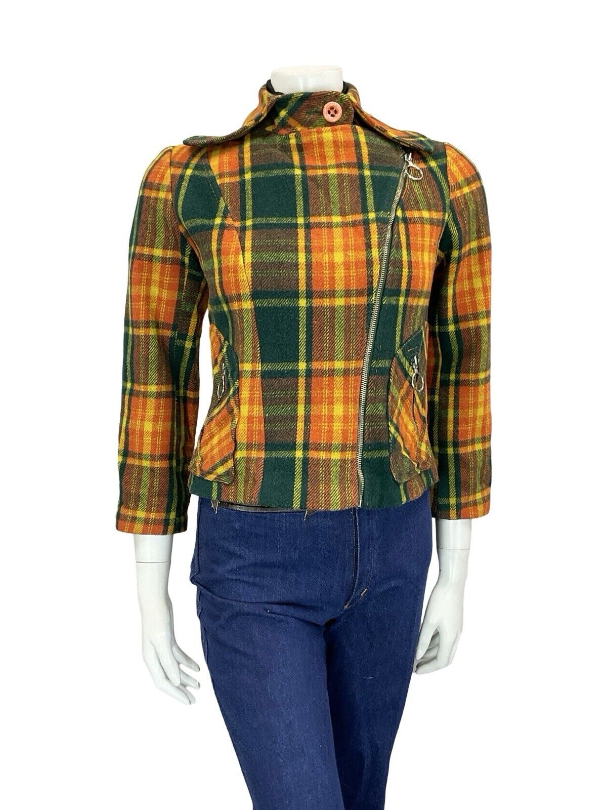 60S 70S GREEN YELLOW ORANGE TARTAN BIKER PUNK MOD O RING ZIP UP WOOL JACKET 8