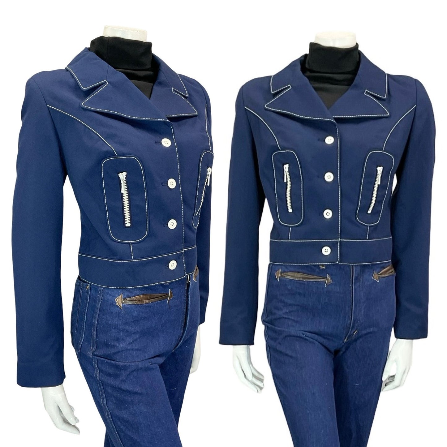 VTG 60S 70S NAVY BLUE WHITE CONTRAST STITCHING MOD NAUTICAL CROPPED JACKET 12