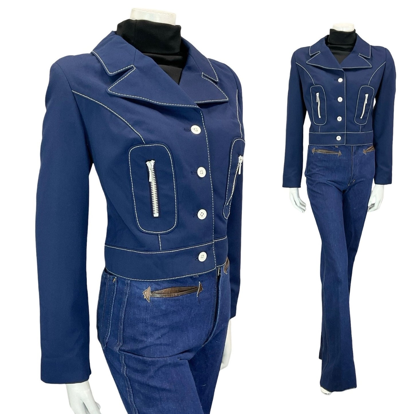 VTG 60S 70S NAVY BLUE WHITE CONTRAST STITCHING MOD NAUTICAL CROPPED JACKET 12