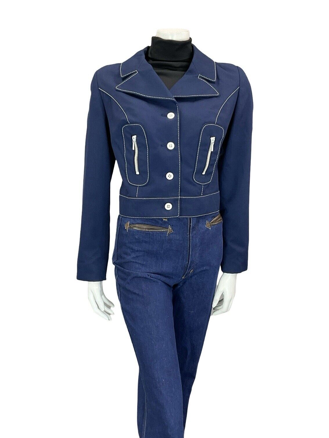 VTG 60S 70S NAVY BLUE WHITE CONTRAST STITCHING MOD NAUTICAL CROPPED JACKET 12