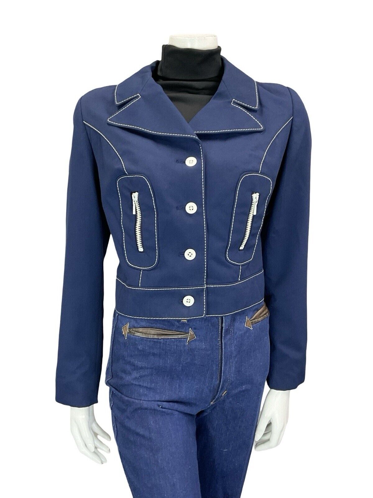 VTG 60S 70S NAVY BLUE WHITE CONTRAST STITCHING MOD NAUTICAL CROPPED JACKET 12