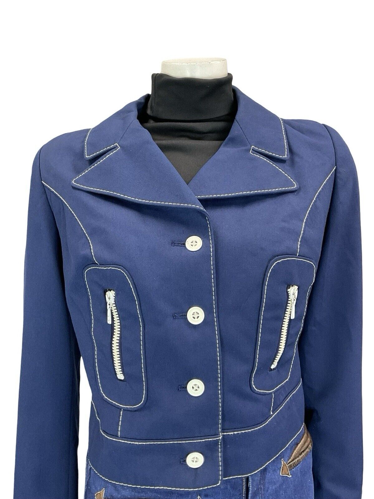 VTG 60S 70S NAVY BLUE WHITE CONTRAST STITCHING MOD NAUTICAL CROPPED JACKET 12