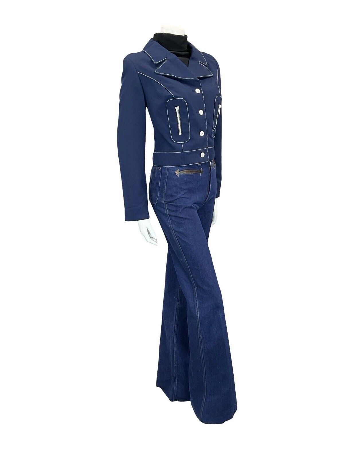 VTG 60S 70S NAVY BLUE WHITE CONTRAST STITCHING MOD NAUTICAL CROPPED JACKET 12