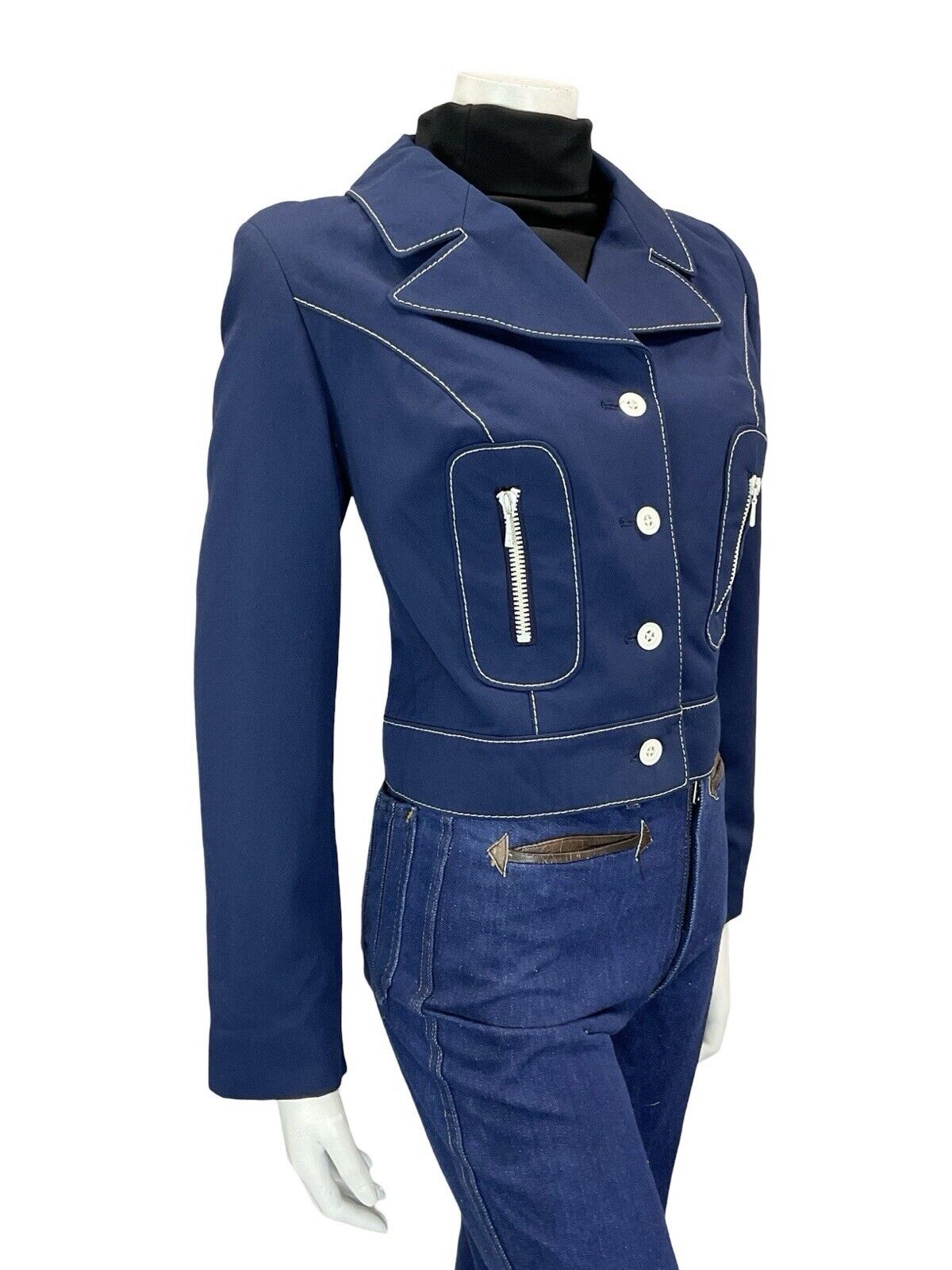VTG 60S 70S NAVY BLUE WHITE CONTRAST STITCHING MOD NAUTICAL CROPPED JACKET 12
