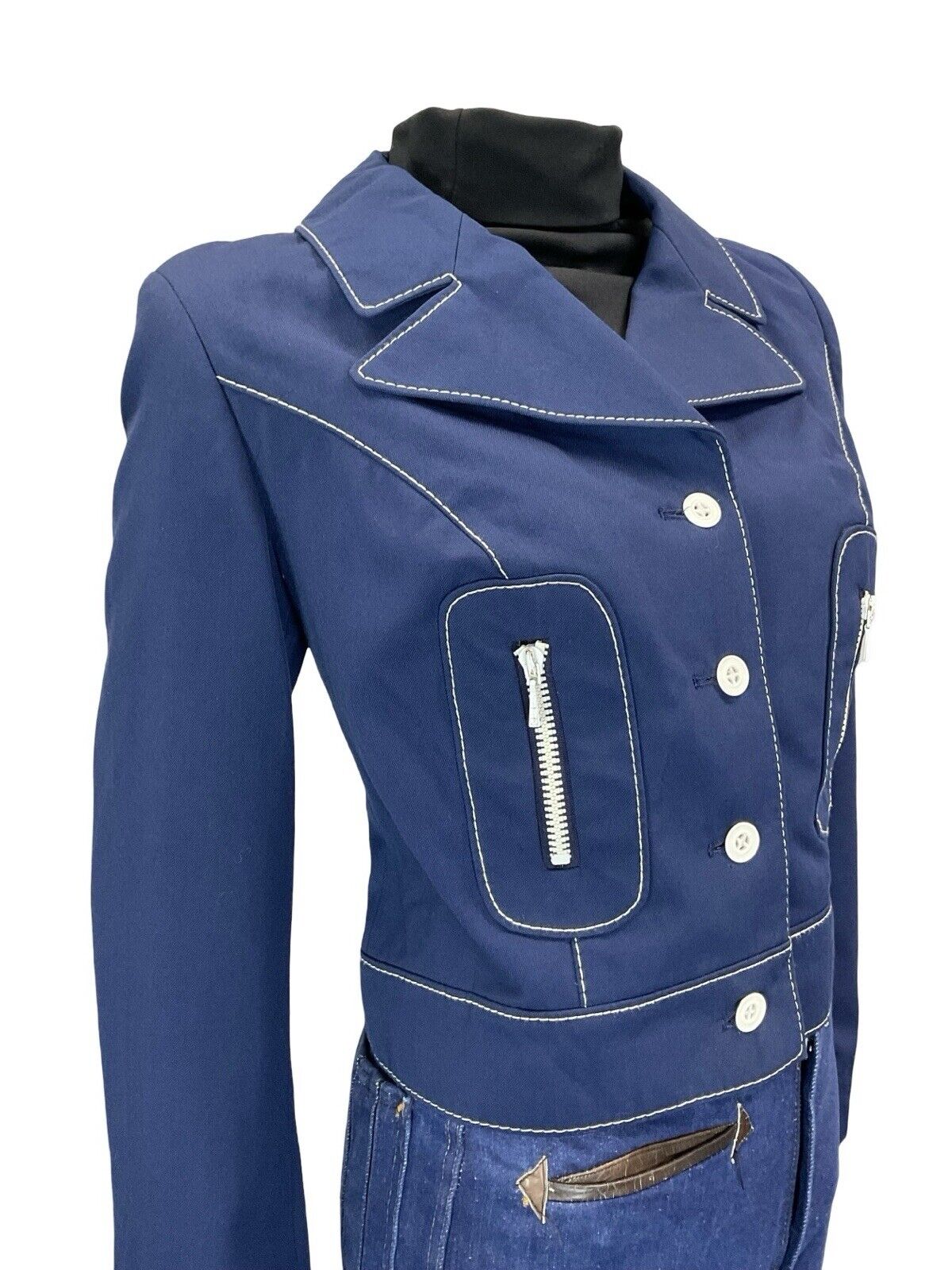 VTG 60S 70S NAVY BLUE WHITE CONTRAST STITCHING MOD NAUTICAL CROPPED JACKET 12