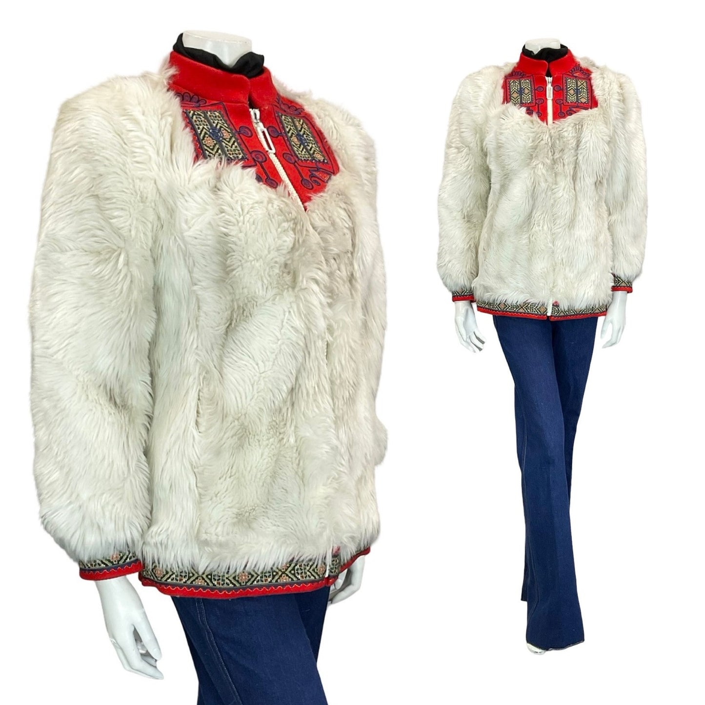 VTG 60S 70S LUCY LINDEN WHITE RED NORDIC BOHO FOLK TRIM ZIP UP FUR COAT S 8 10