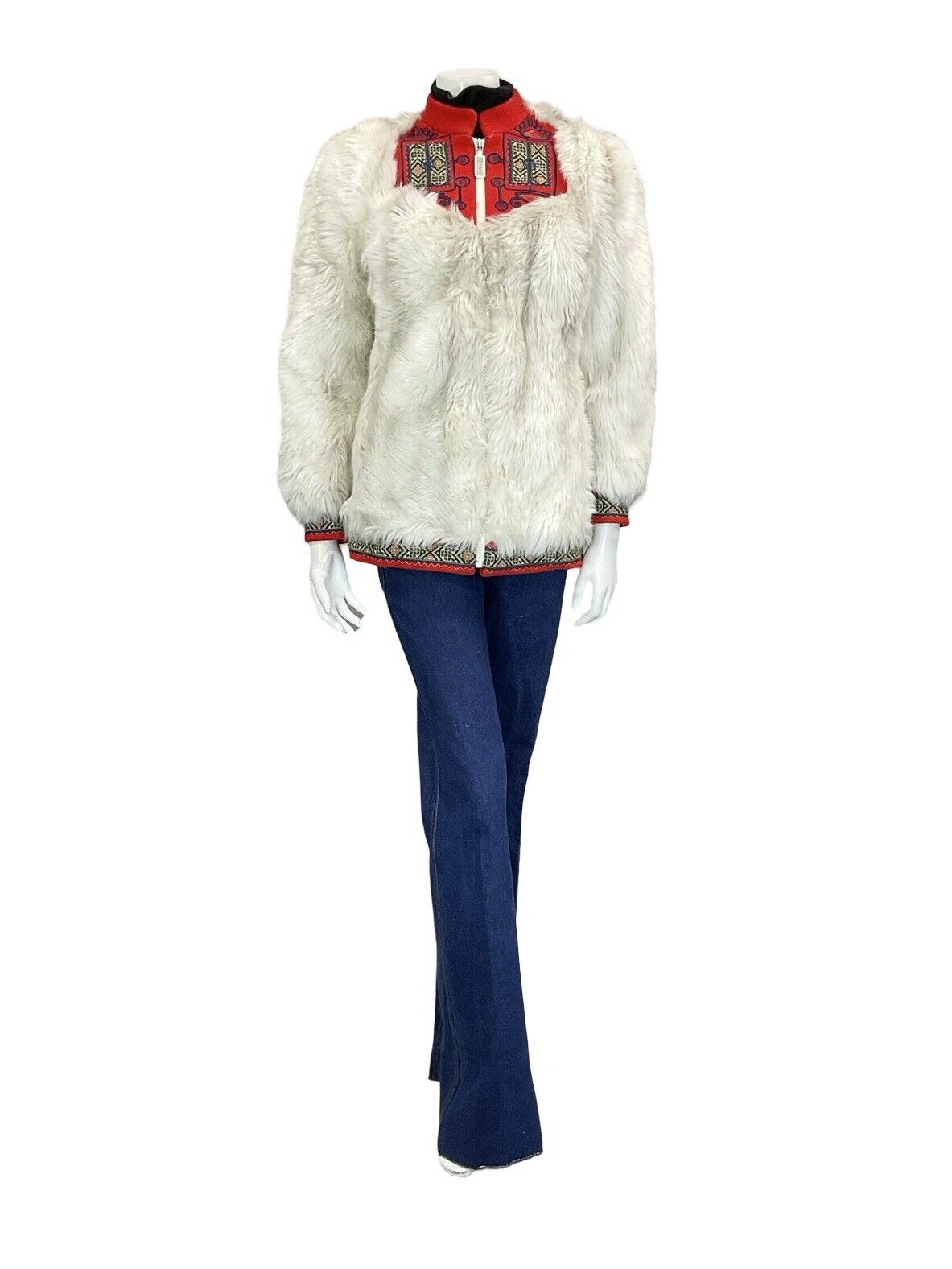 VTG 60S 70S LUCY LINDEN WHITE RED NORDIC BOHO FOLK TRIM ZIP UP FUR COAT S 8 10