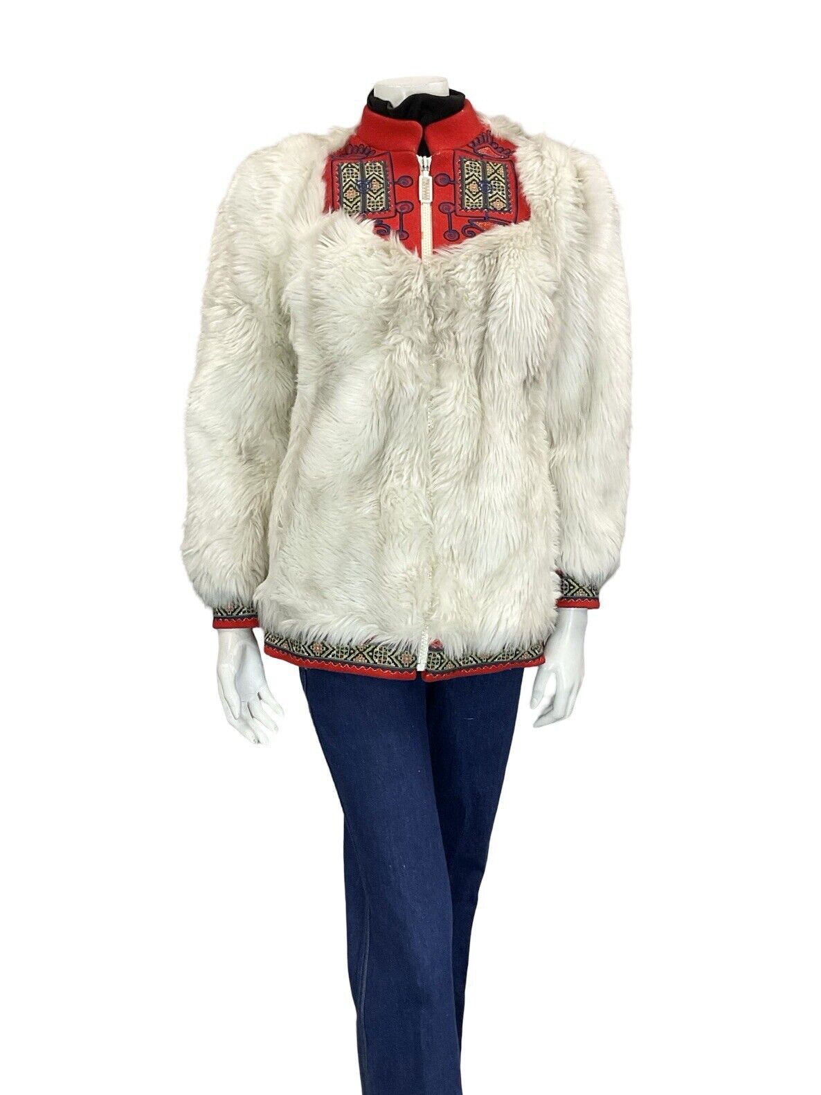 VTG 60S 70S LUCY LINDEN WHITE RED NORDIC BOHO FOLK TRIM ZIP UP FUR COAT S 8 10