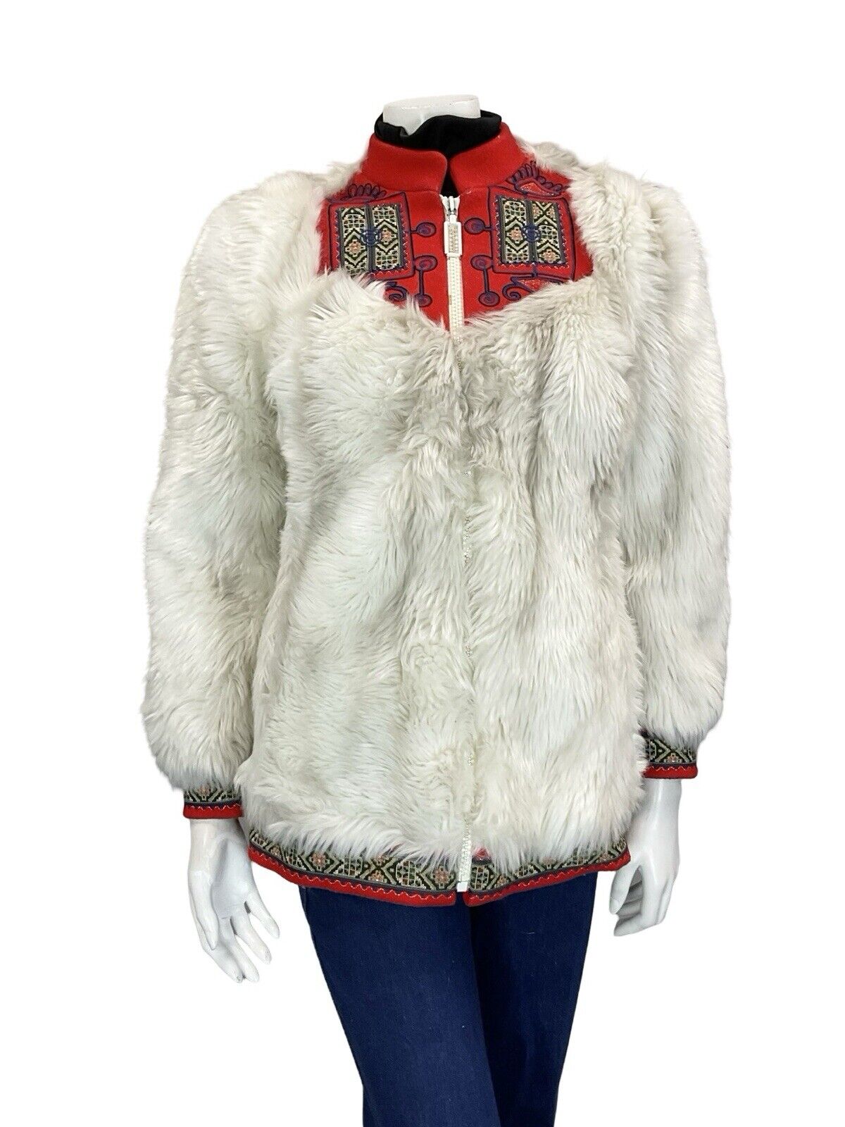 VTG 60S 70S LUCY LINDEN WHITE RED NORDIC BOHO FOLK TRIM ZIP UP FUR COAT S 8 10