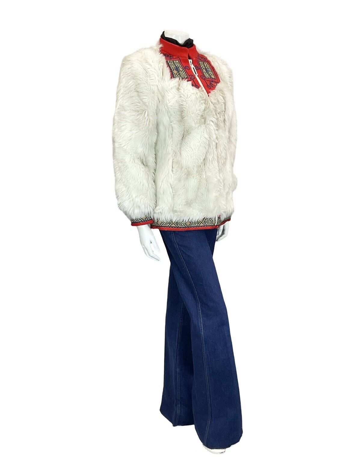 VTG 60S 70S LUCY LINDEN WHITE RED NORDIC BOHO FOLK TRIM ZIP UP FUR COAT S 8 10