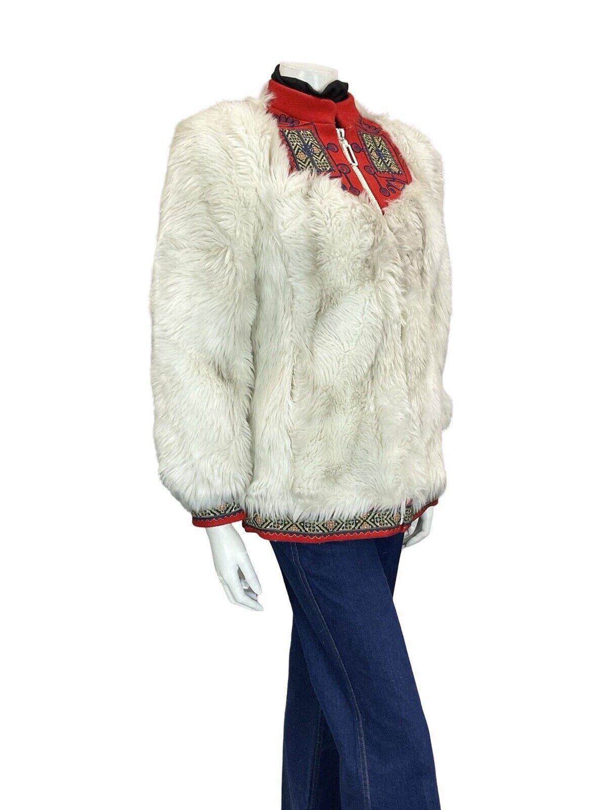 VTG 60S 70S LUCY LINDEN WHITE RED NORDIC BOHO FOLK TRIM ZIP UP FUR COAT S 8 10