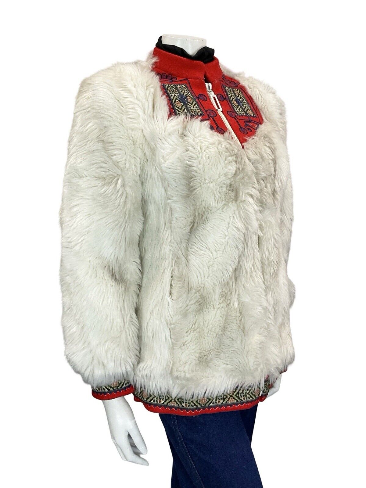 VTG 60S 70S LUCY LINDEN WHITE RED NORDIC BOHO FOLK TRIM ZIP UP FUR COAT S 8 10