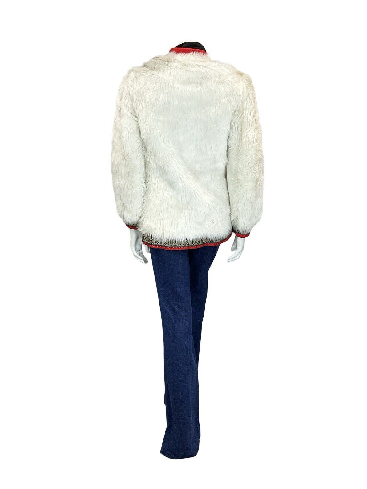 VTG 60S 70S LUCY LINDEN WHITE RED NORDIC BOHO FOLK TRIM ZIP UP FUR COAT S 8 10