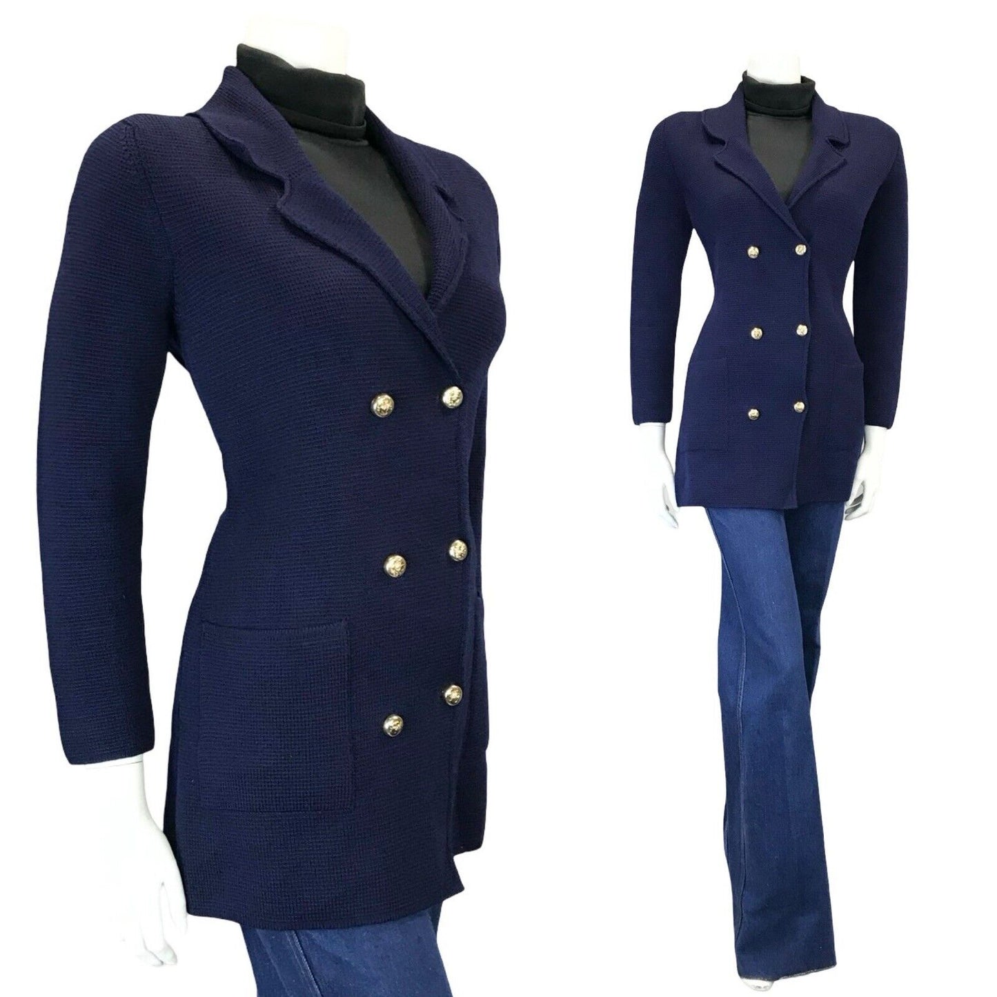 VTG 60S 70S CLASSY NAVY BLUE KNIT DOUBLE BREASTED TAILORED NOTCH BLAZER M 12 14
