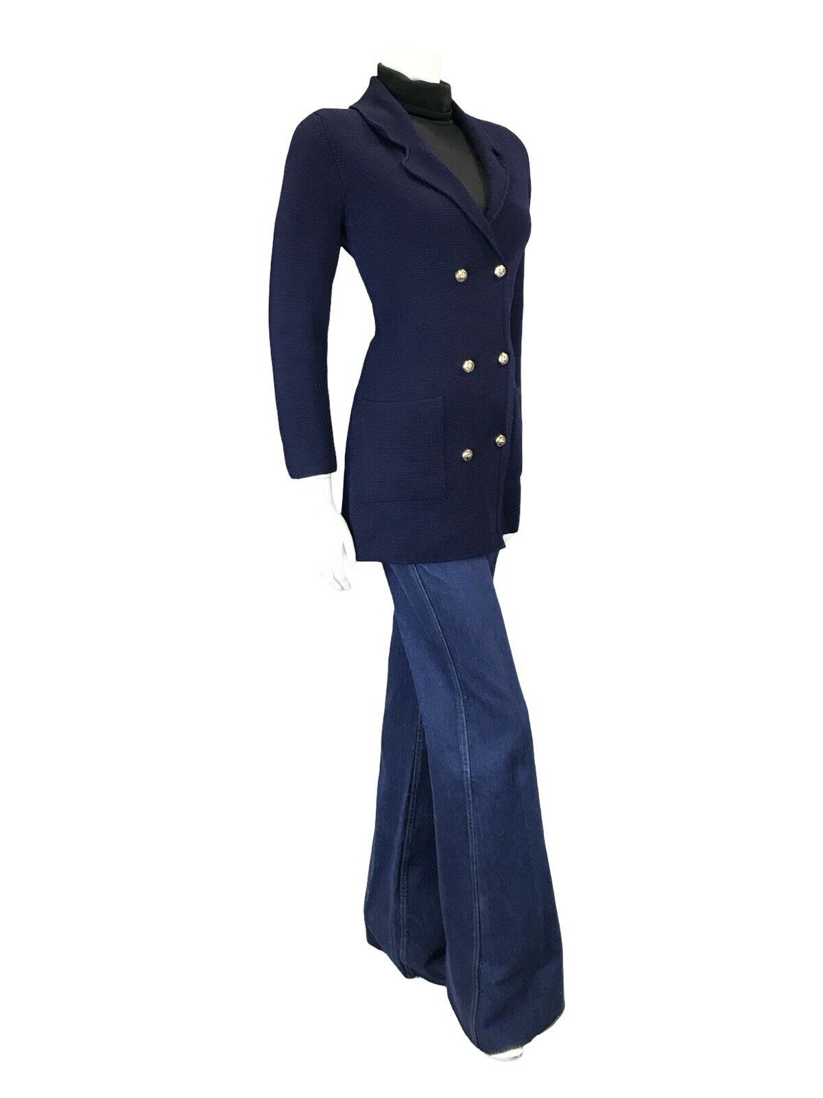 VTG 60S 70S CLASSY NAVY BLUE KNIT DOUBLE BREASTED TAILORED NOTCH BLAZER M 12 14