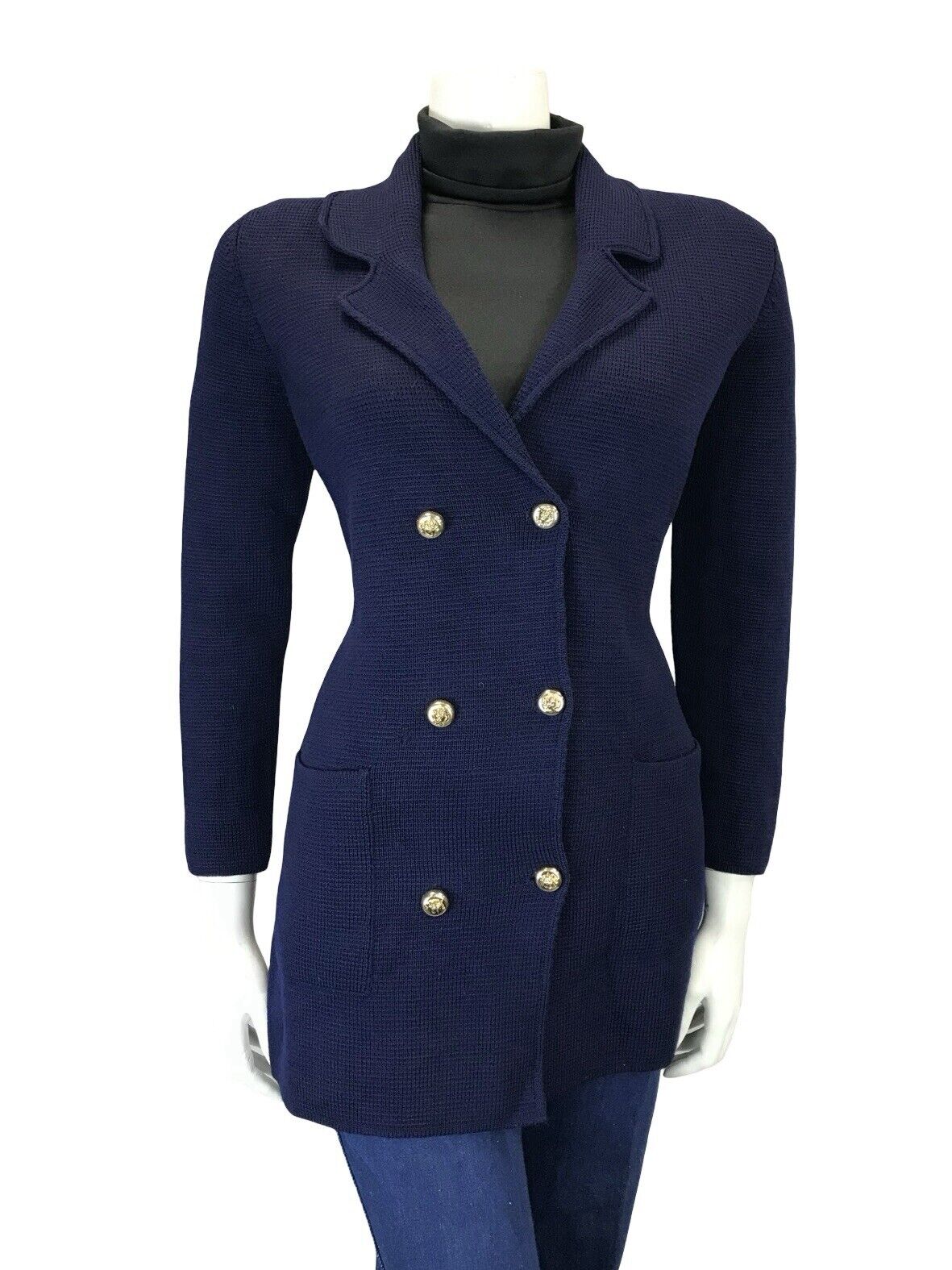 VTG 60S 70S CLASSY NAVY BLUE KNIT DOUBLE BREASTED TAILORED NOTCH BLAZER M 12 14
