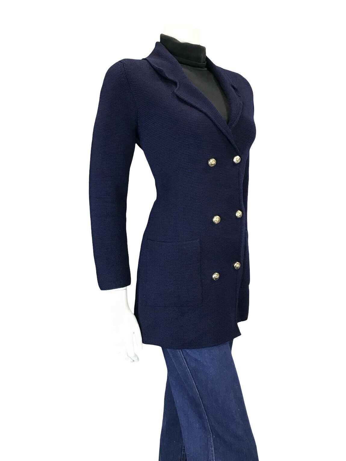 VTG 60S 70S CLASSY NAVY BLUE KNIT DOUBLE BREASTED TAILORED NOTCH BLAZER M 12 14