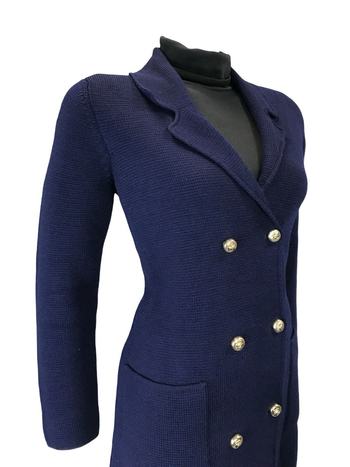 VTG 60S 70S CLASSY NAVY BLUE KNIT DOUBLE BREASTED TAILORED NOTCH BLAZER M 12 14