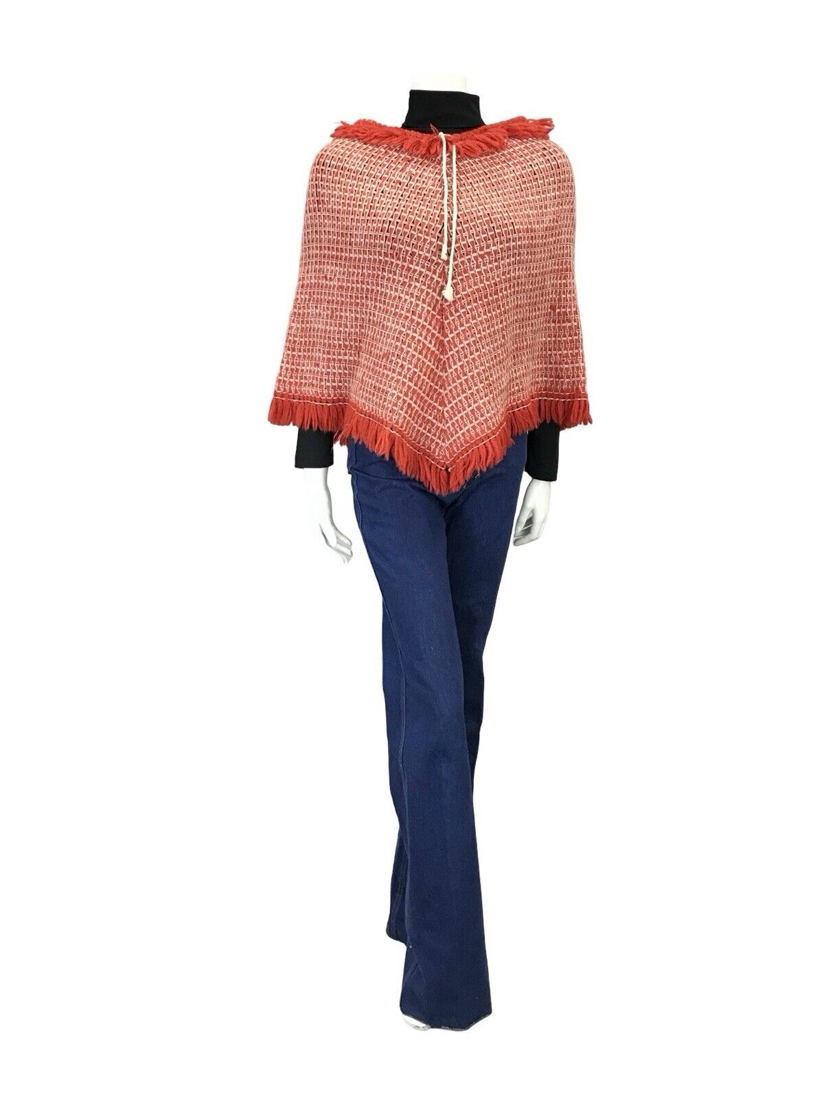 VTG 60S 70S RED WHITE ROPE TIE KNITTED FRINGED BOHO HIPPY WOOL PONCHO 4 6 8