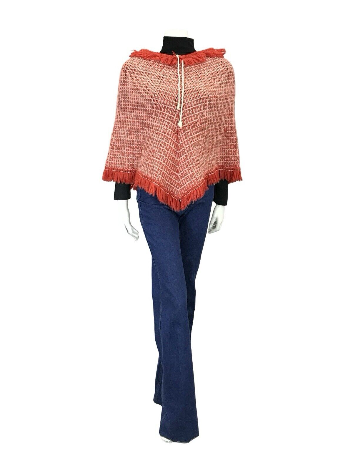 VTG 60S 70S RED WHITE ROPE TIE KNITTED FRINGED BOHO HIPPY WOOL PONCHO 4 6 8