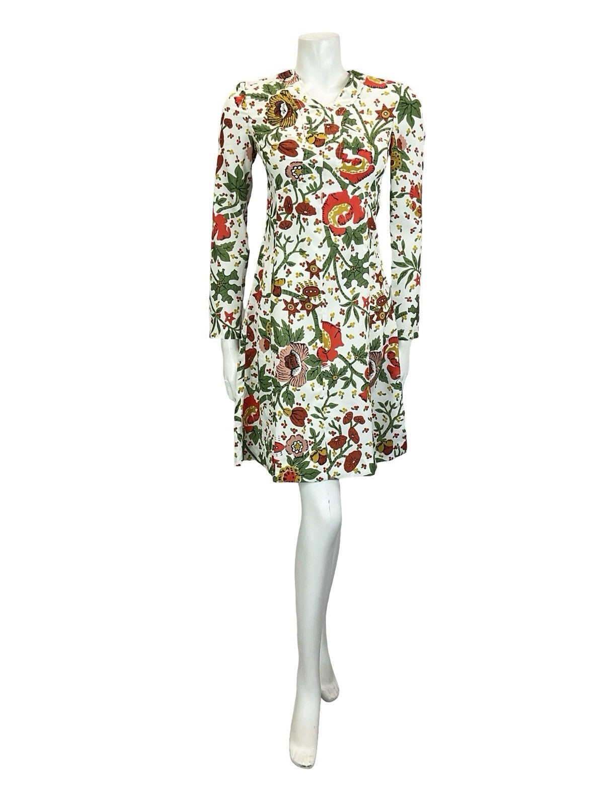 VTG 60S 70S WHITE RED GREEN YELLOW FLORAL BOHO ILLUSTRATIVE A LINE DRESS 8