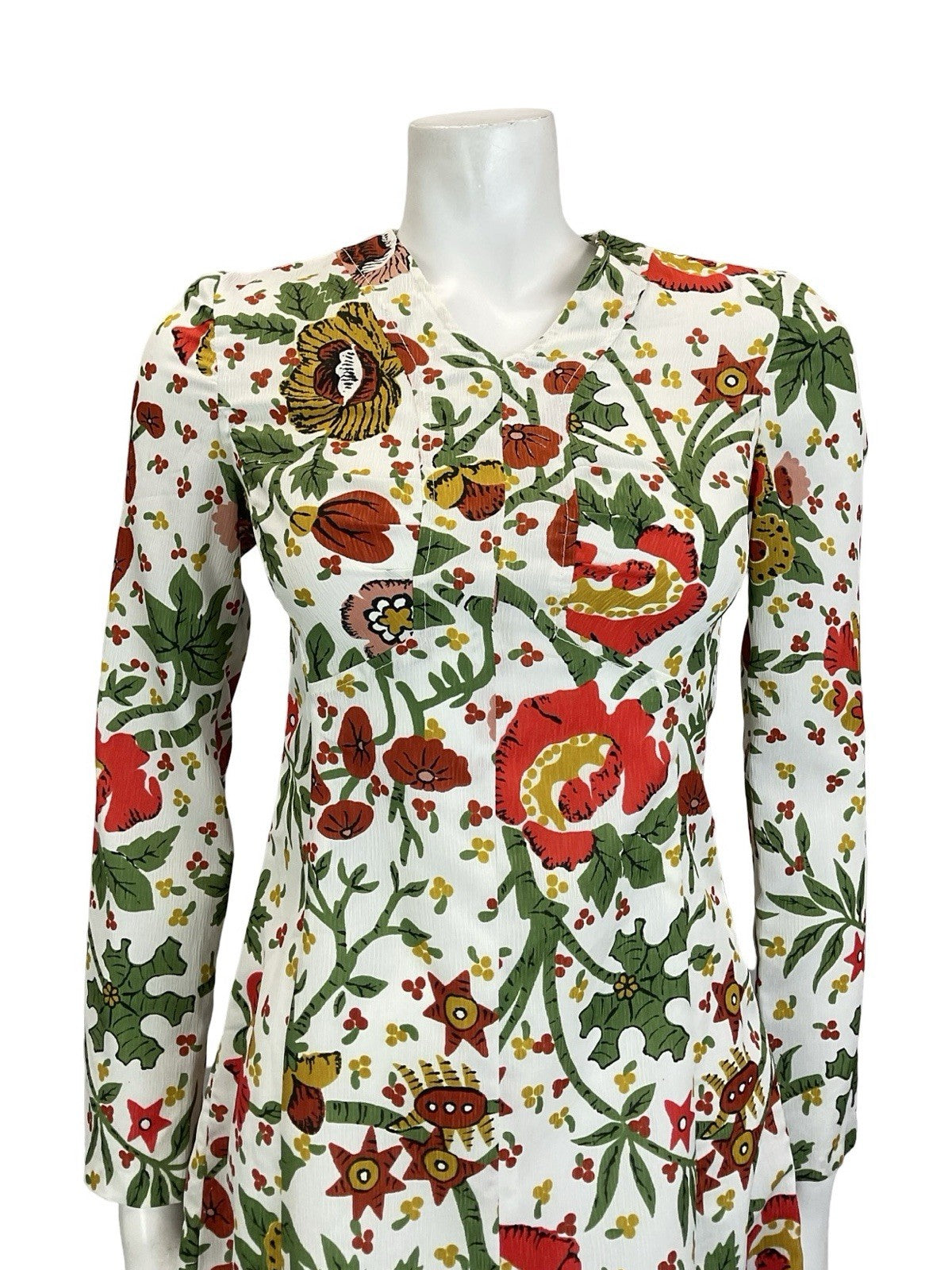VTG 60S 70S WHITE RED GREEN YELLOW FLORAL BOHO ILLUSTRATIVE A LINE DRESS 8