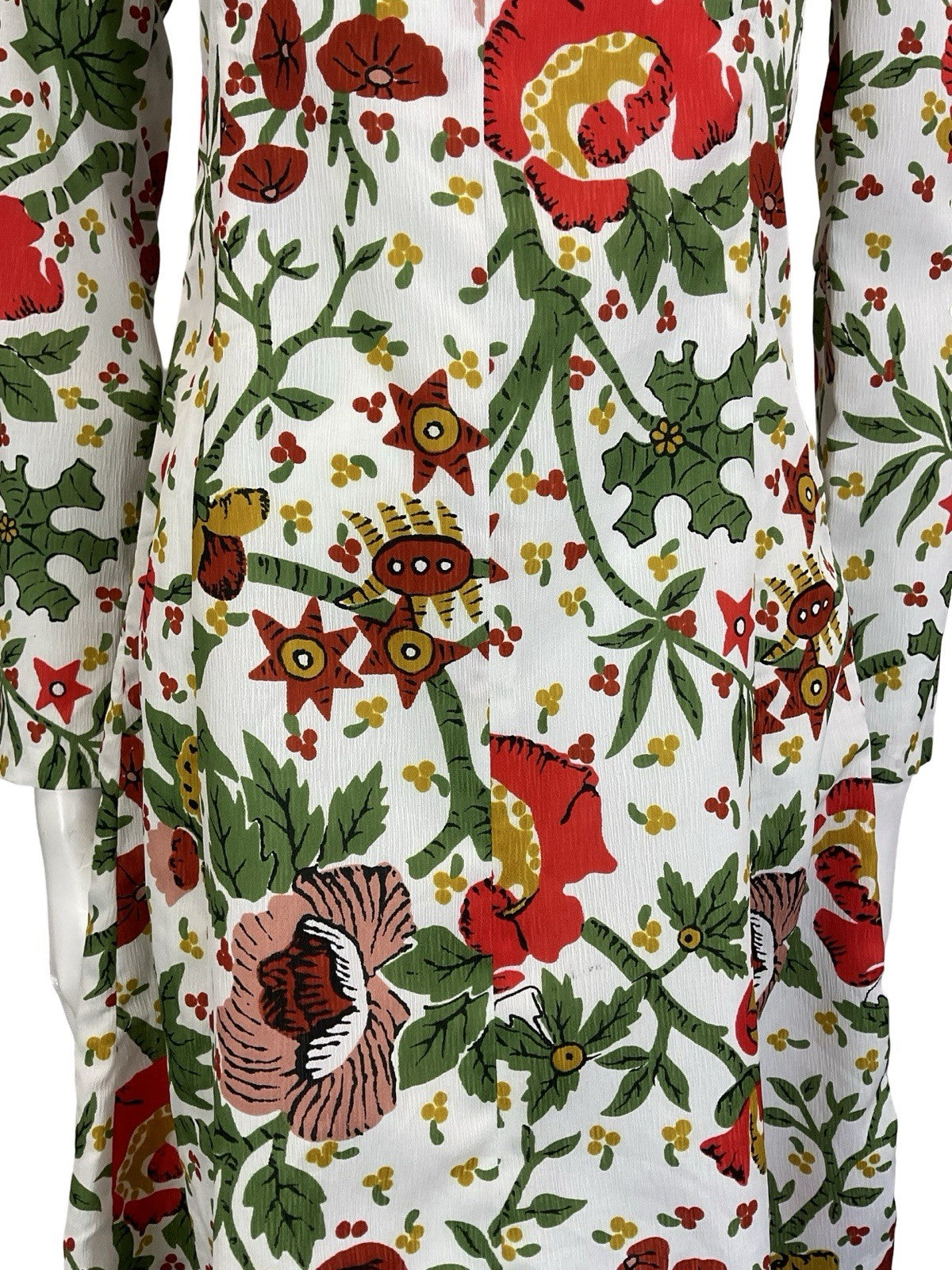 VTG 60S 70S WHITE RED GREEN YELLOW FLORAL BOHO ILLUSTRATIVE A LINE DRESS 8