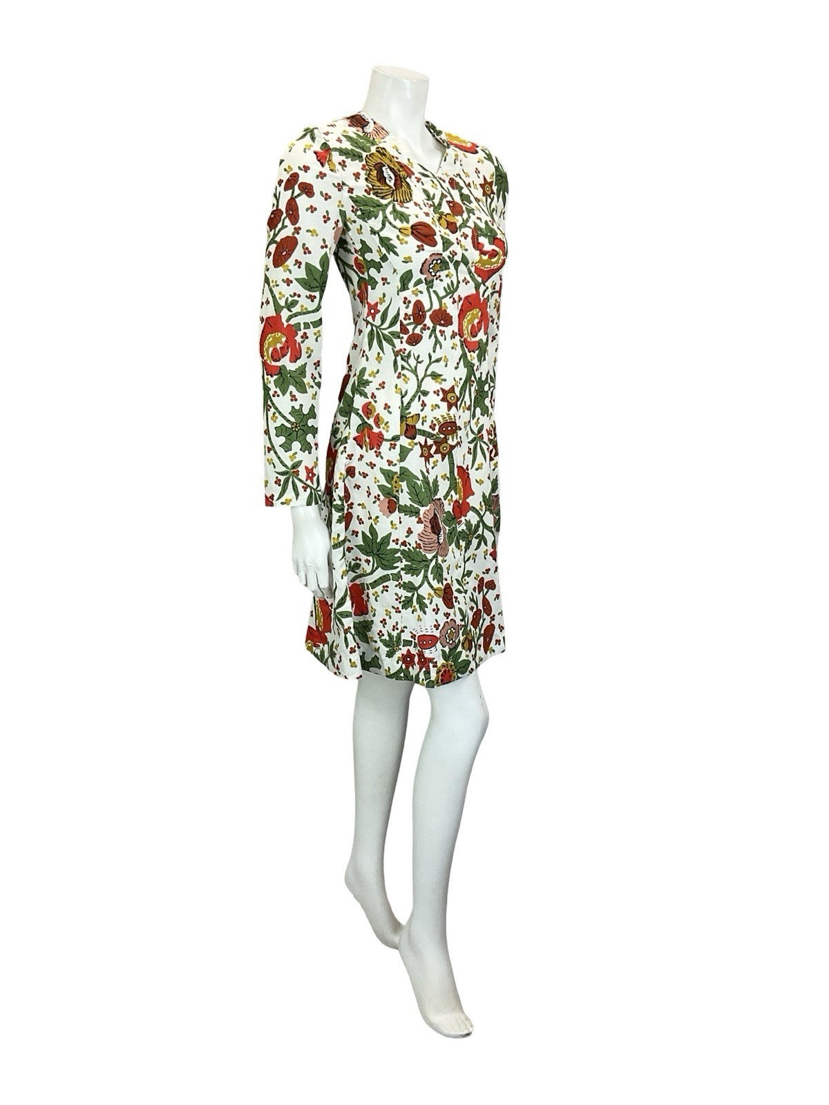 VTG 60S 70S WHITE RED GREEN YELLOW FLORAL BOHO ILLUSTRATIVE A LINE DRESS 8