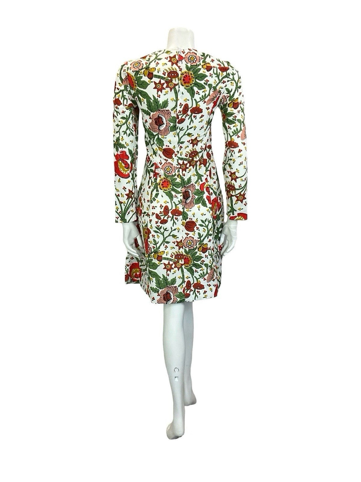 VTG 60S 70S WHITE RED GREEN YELLOW FLORAL BOHO ILLUSTRATIVE A LINE DRESS 8