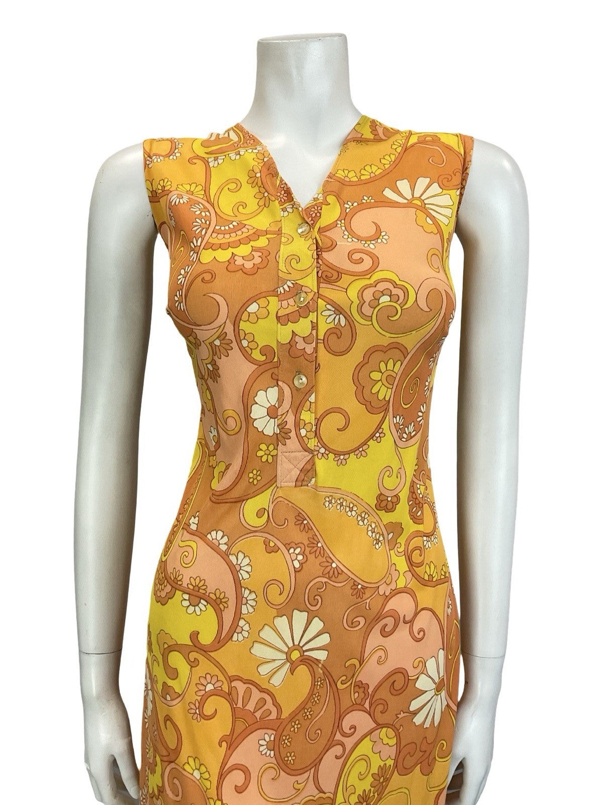 VTG 60S 70S ORANGE YELLOW WHITE PSYCHEDELIC MOD PAISLEY FLORAL SHIFT DRESS 12 14