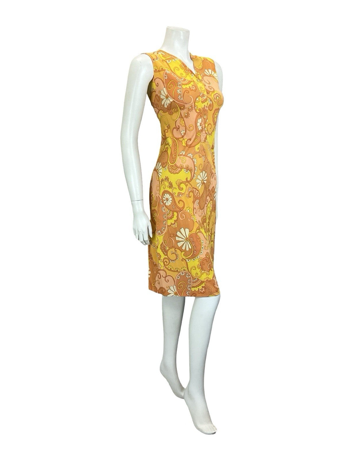 VTG 60S 70S ORANGE YELLOW WHITE PSYCHEDELIC MOD PAISLEY FLORAL SHIFT DRESS 12 14