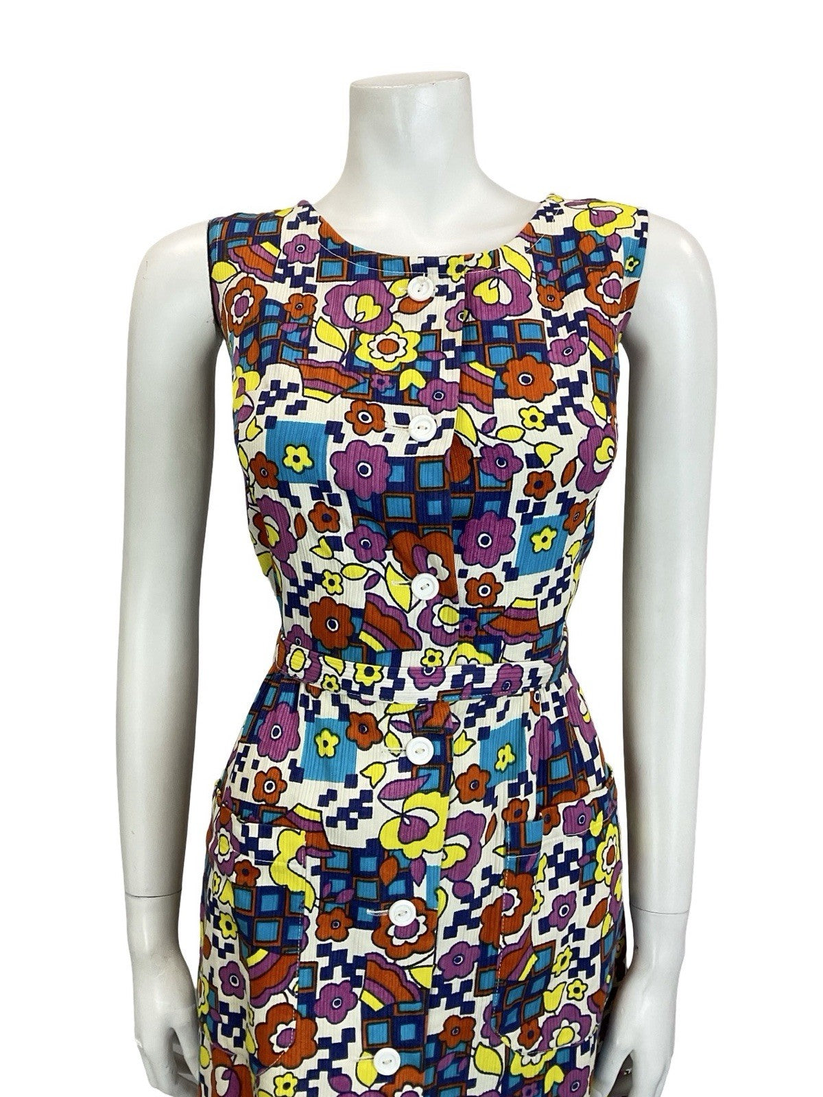 VTG 60S 70S MOD WHITE BLUE PINK YELLOW GEOMETRIC FLORAL BELTED SUN DRESS 10 12