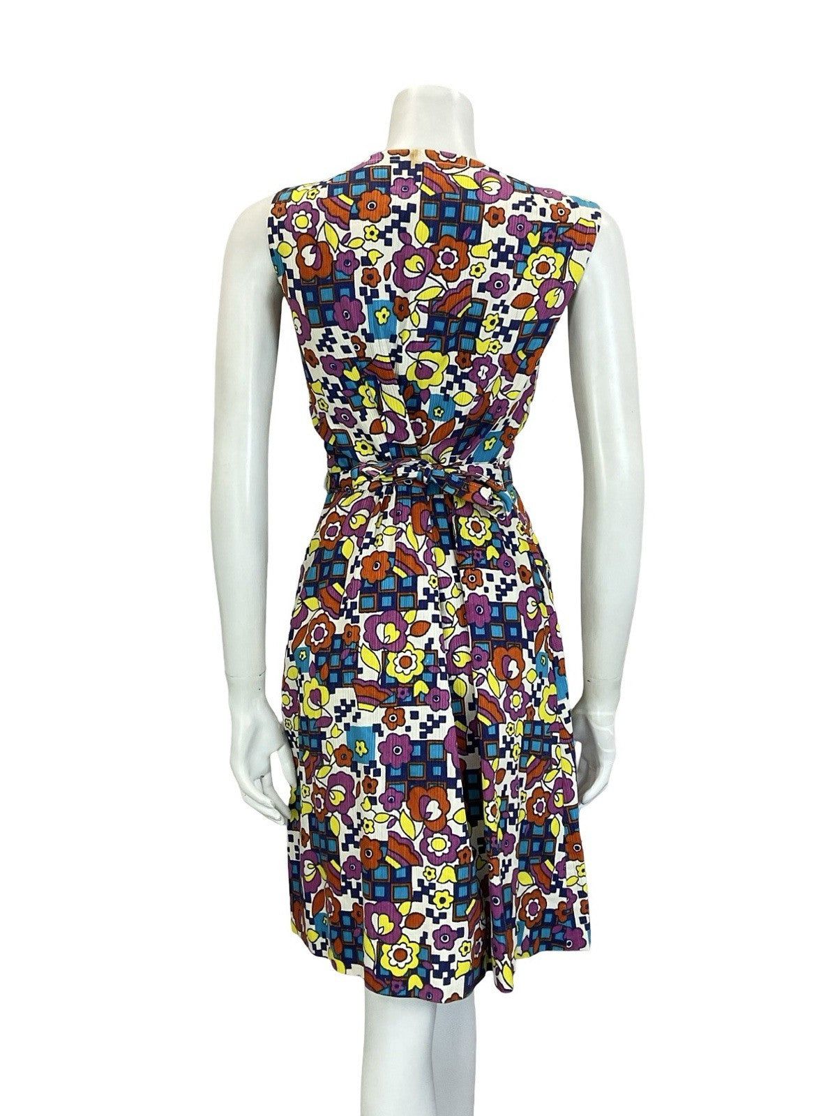 VTG 60S 70S MOD WHITE BLUE PINK YELLOW GEOMETRIC FLORAL BELTED SUN DRESS 10 12