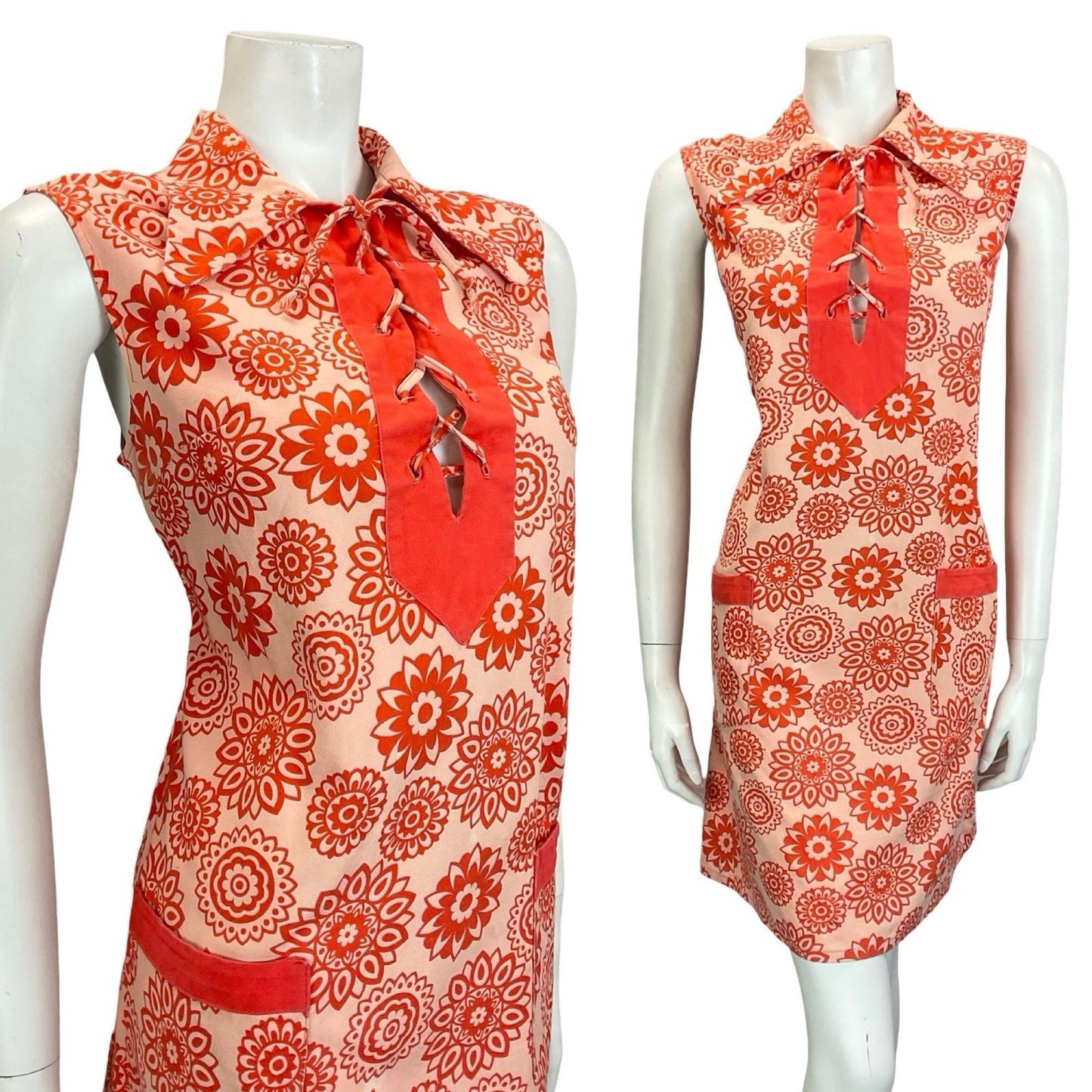 VTG 60S 70S RED MANDALA FLOWER LACE UP DOG EAR COLLAR HIPPY TENT SMOCK DRESS 16