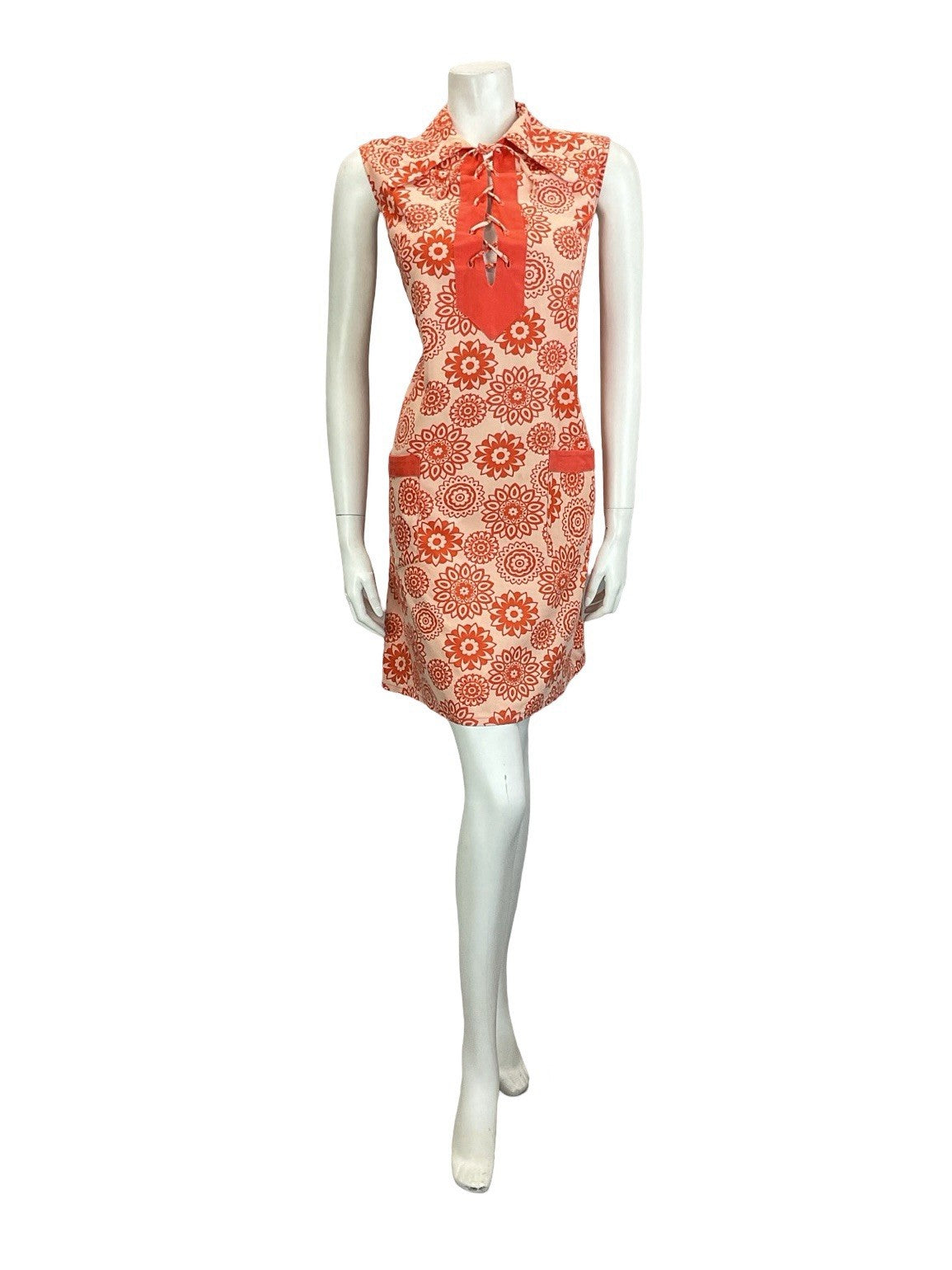 VTG 60S 70S RED MANDALA FLOWER LACE UP DOG EAR COLLAR HIPPY TENT SMOCK DRESS 16