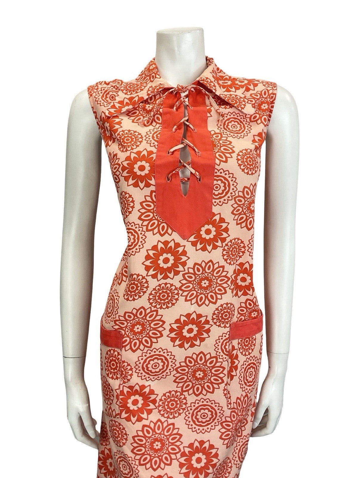 VTG 60S 70S RED MANDALA FLOWER LACE UP DOG EAR COLLAR HIPPY TENT SMOCK DRESS 16