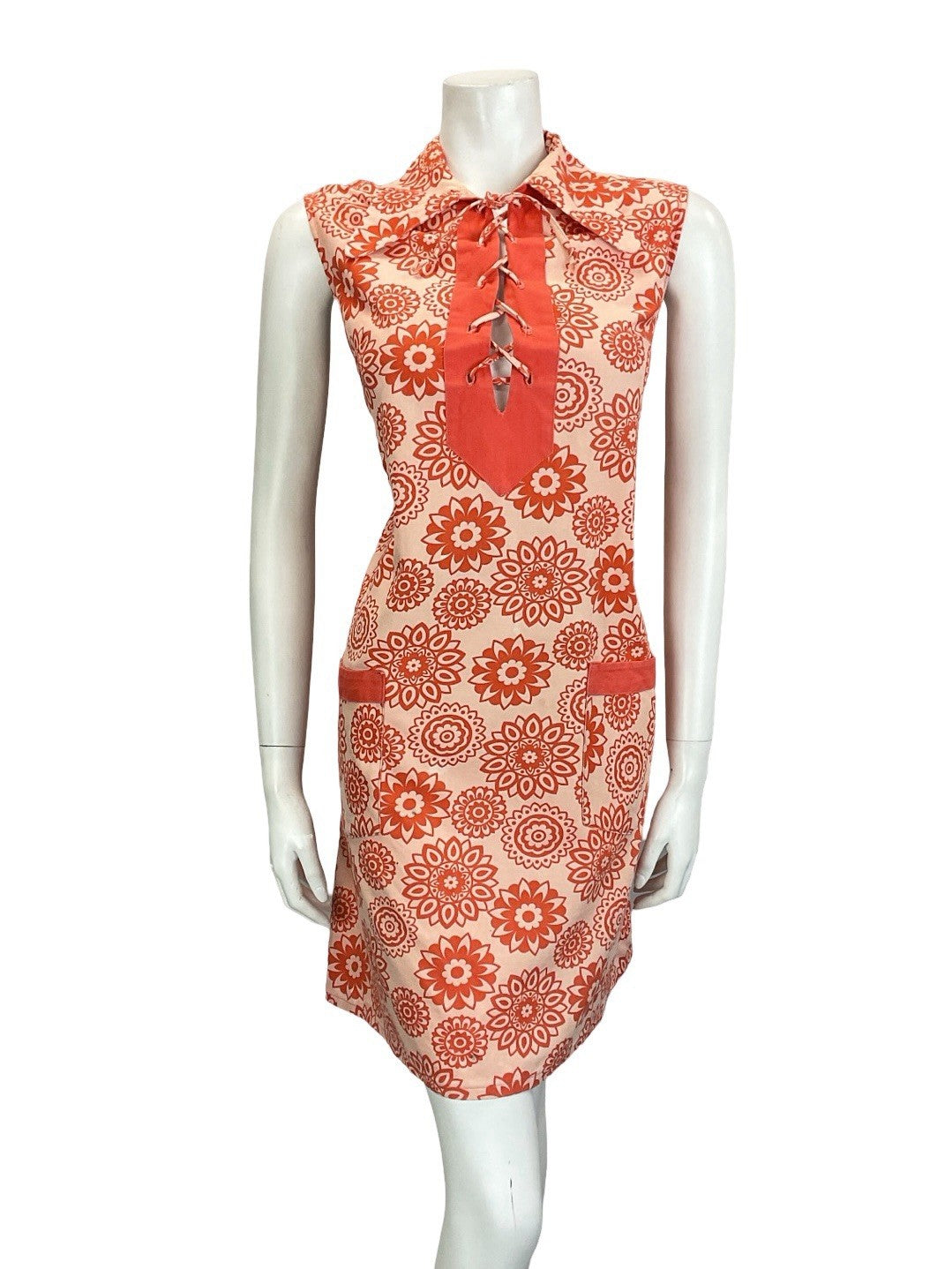 VTG 60S 70S RED MANDALA FLOWER LACE UP DOG EAR COLLAR HIPPY TENT SMOCK DRESS 16
