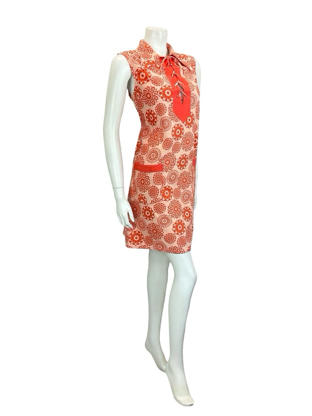 VTG 60S 70S RED MANDALA FLOWER LACE UP DOG EAR COLLAR HIPPY TENT SMOCK DRESS 16