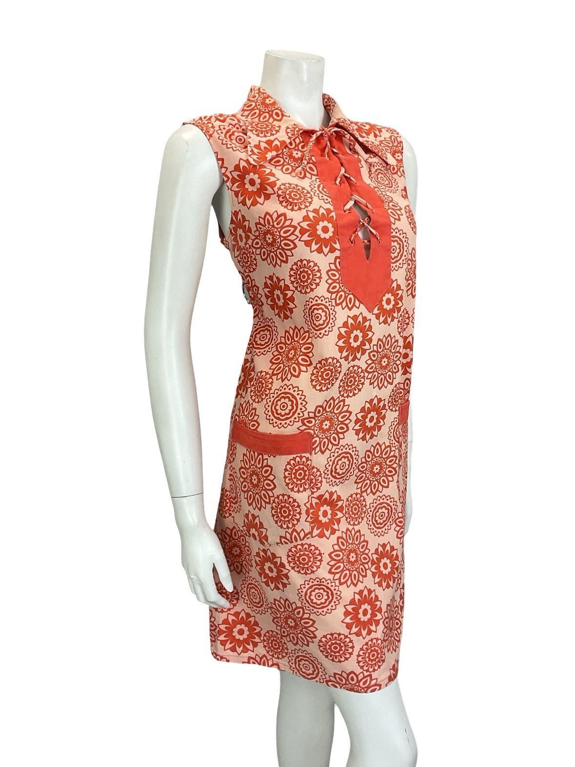 VTG 60S 70S RED MANDALA FLOWER LACE UP DOG EAR COLLAR HIPPY TENT SMOCK DRESS 16