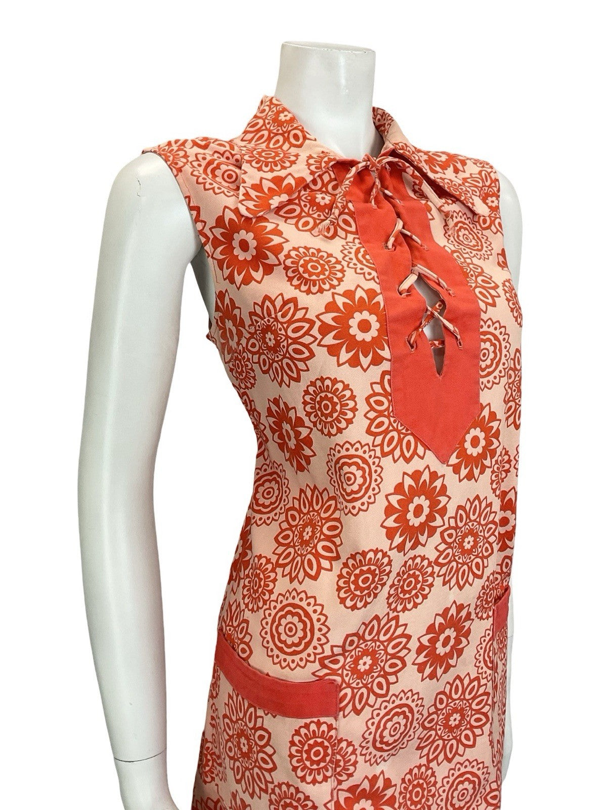 VTG 60S 70S RED MANDALA FLOWER LACE UP DOG EAR COLLAR HIPPY TENT SMOCK DRESS 16