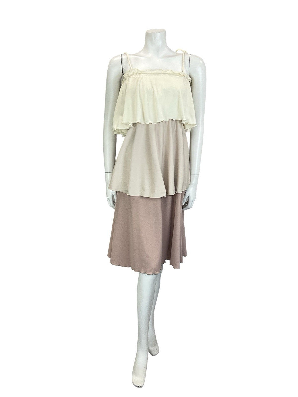 VTG 70S CREAM BROWN TIERED RUFFLE FLOATY COLOUR BLOCK DRESS 6 8 10 12