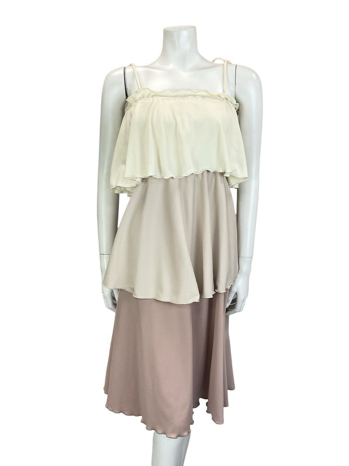 VTG 70S CREAM BROWN TIERED RUFFLE FLOATY COLOUR BLOCK DRESS 6 8 10 12