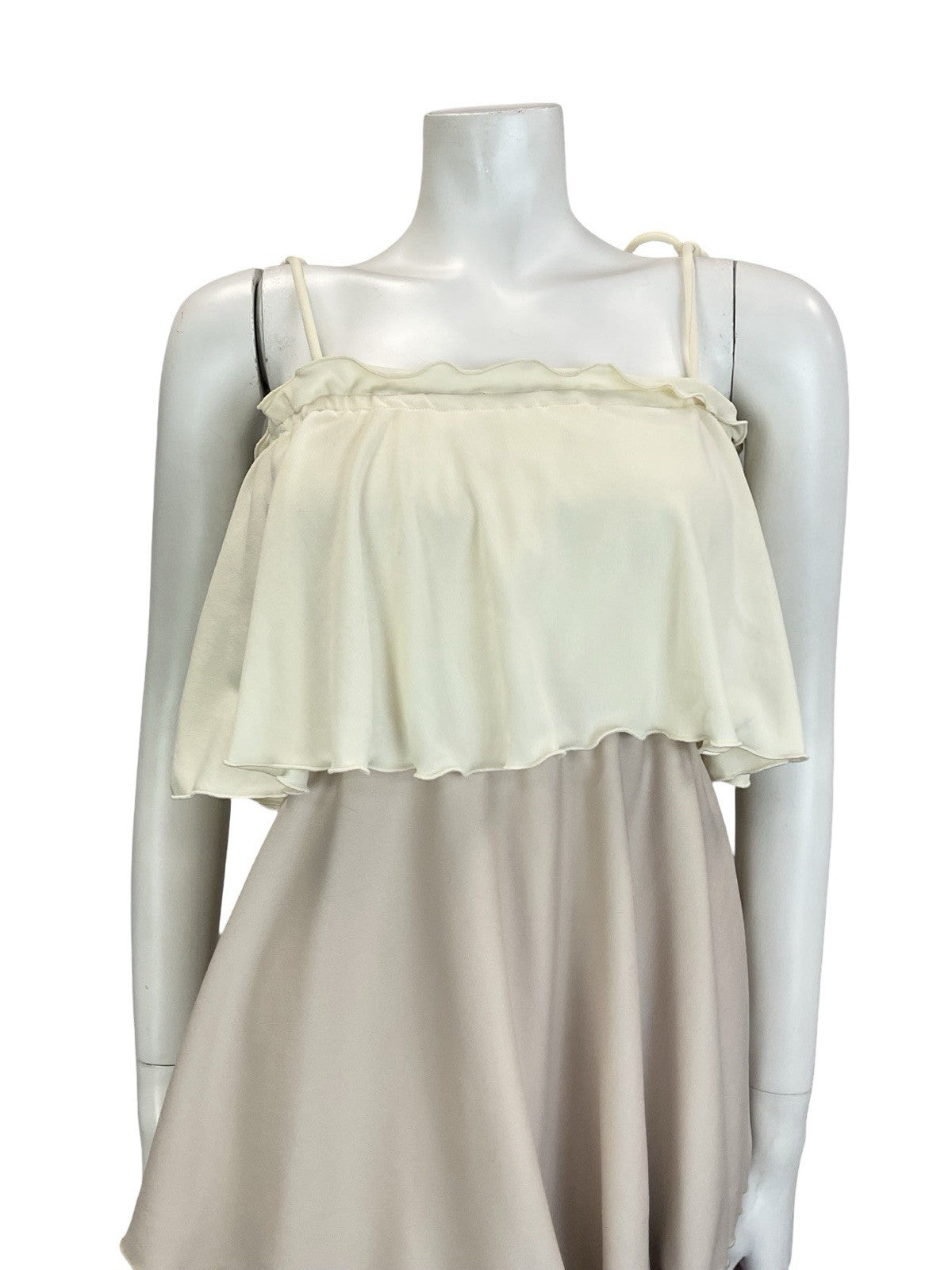 VTG 70S CREAM BROWN TIERED RUFFLE FLOATY COLOUR BLOCK DRESS 6 8 10 12
