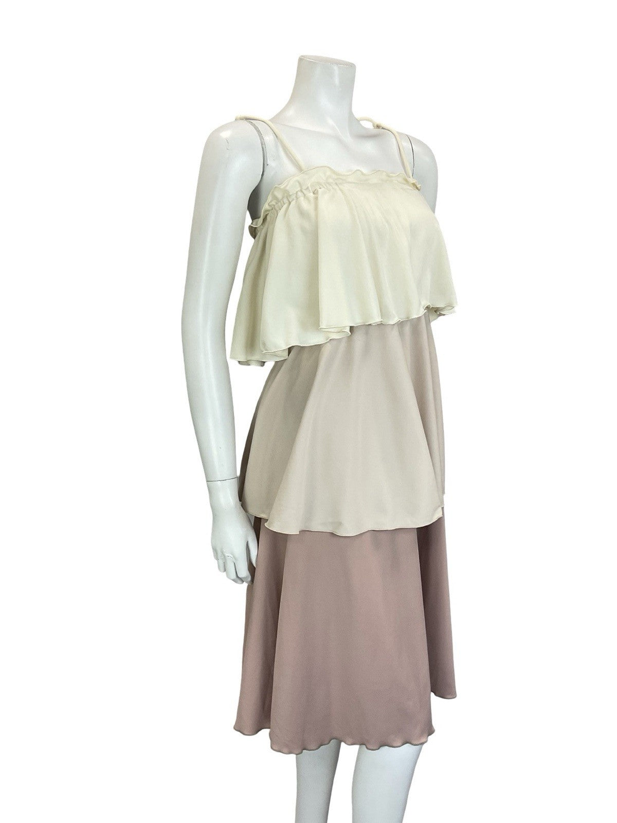 VTG 70S CREAM BROWN TIERED RUFFLE FLOATY COLOUR BLOCK DRESS 6 8 10 12