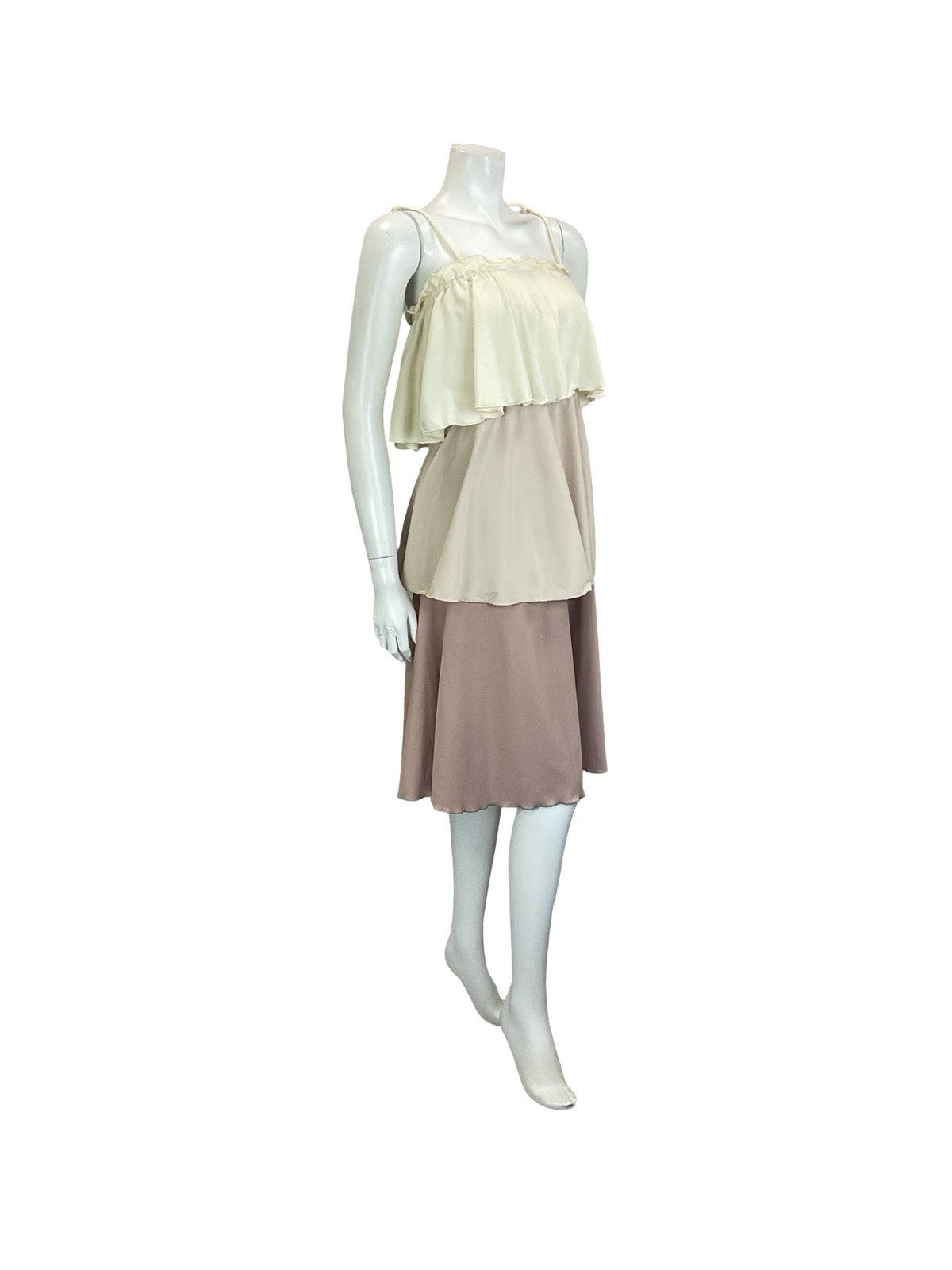 VTG 70S CREAM BROWN TIERED RUFFLE FLOATY COLOUR BLOCK DRESS 6 8 10 12
