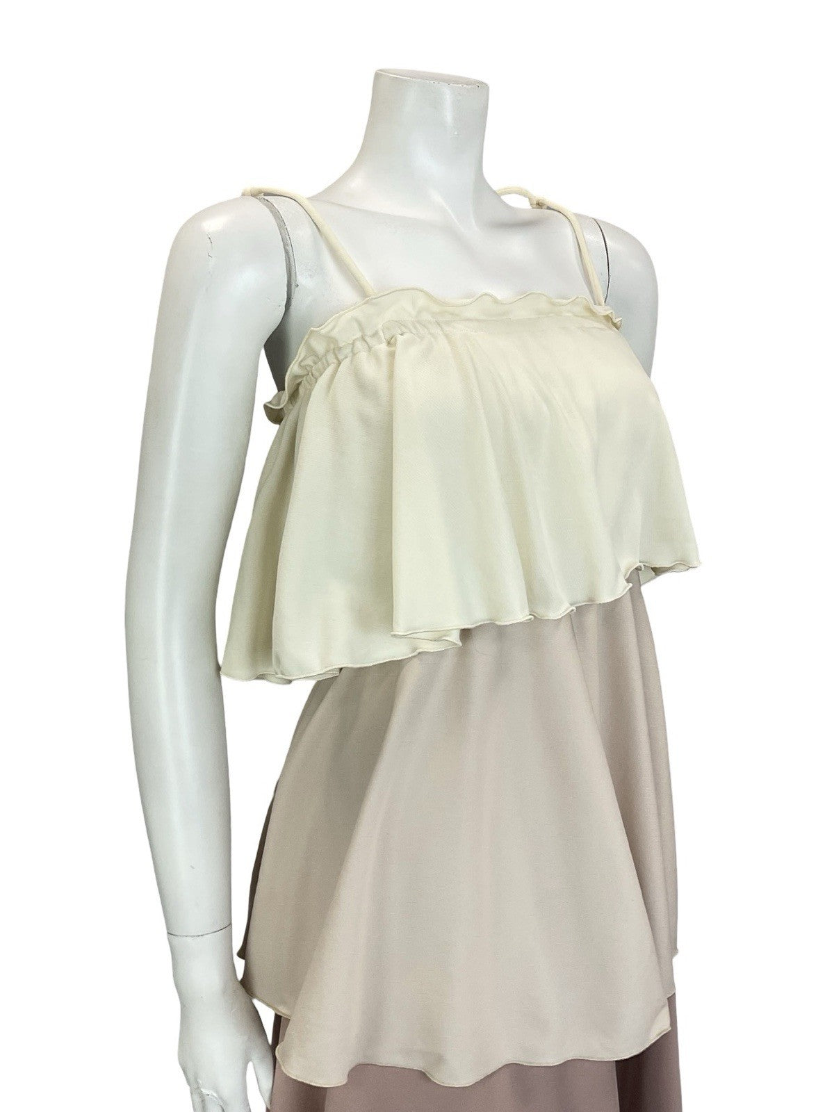 VTG 70S CREAM BROWN TIERED RUFFLE FLOATY COLOUR BLOCK DRESS 6 8 10 12