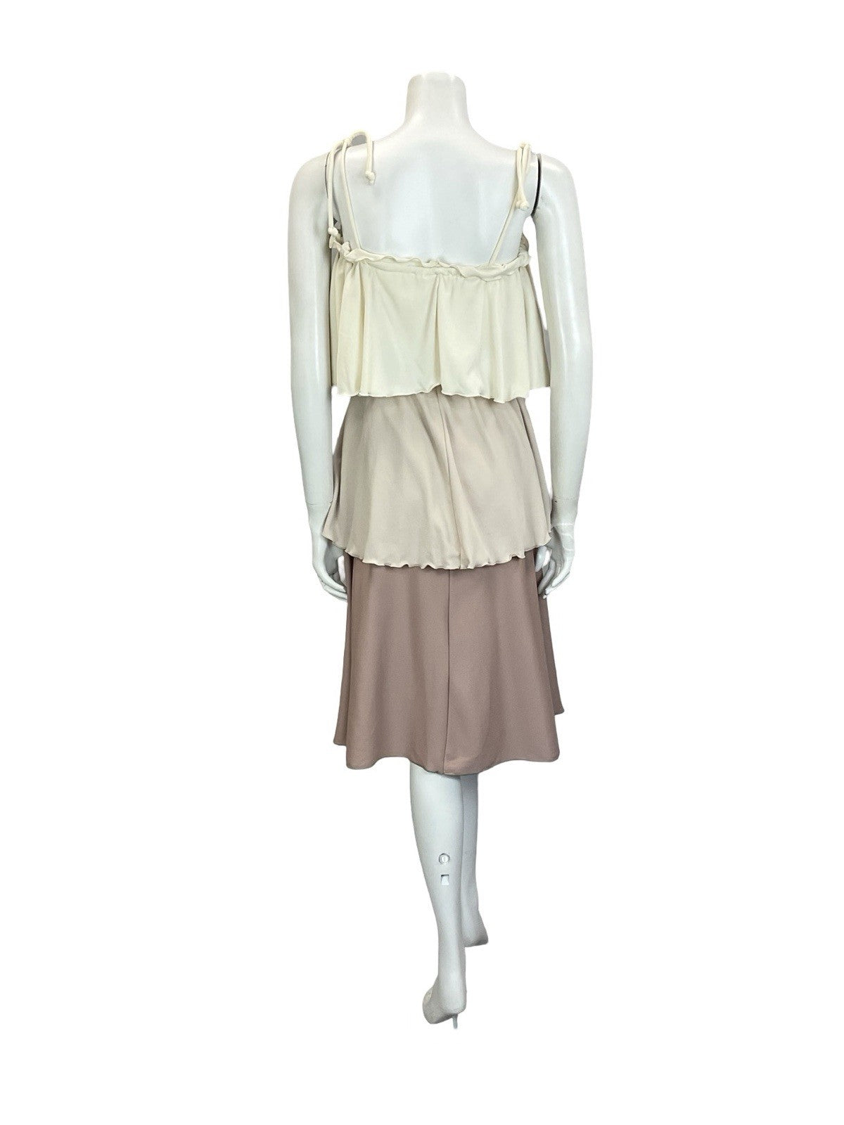 VTG 70S CREAM BROWN TIERED RUFFLE FLOATY COLOUR BLOCK DRESS 6 8 10 12
