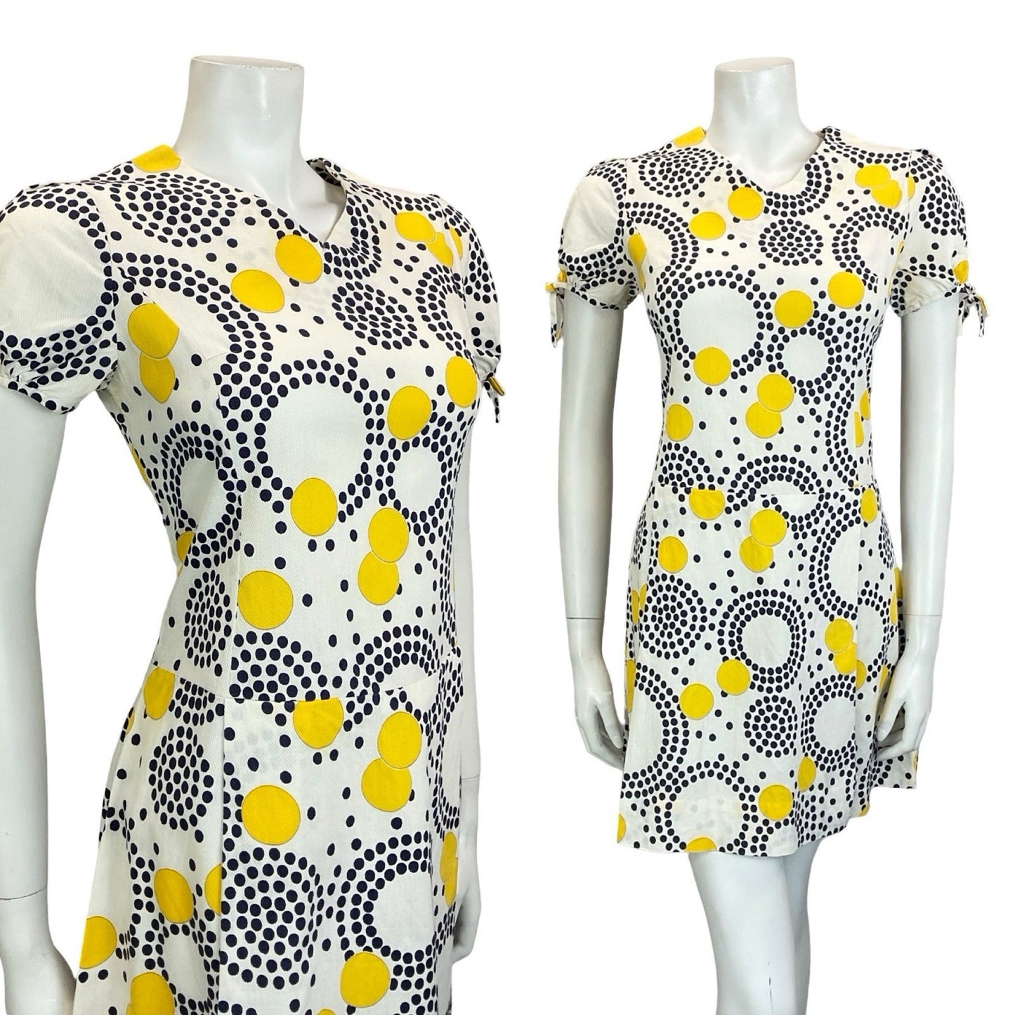 VTG 60S 70S WHITE BLUE YELLOW GEOMETRIC DOT PUFF SLEEVE PLEATED MINI DRESS 12