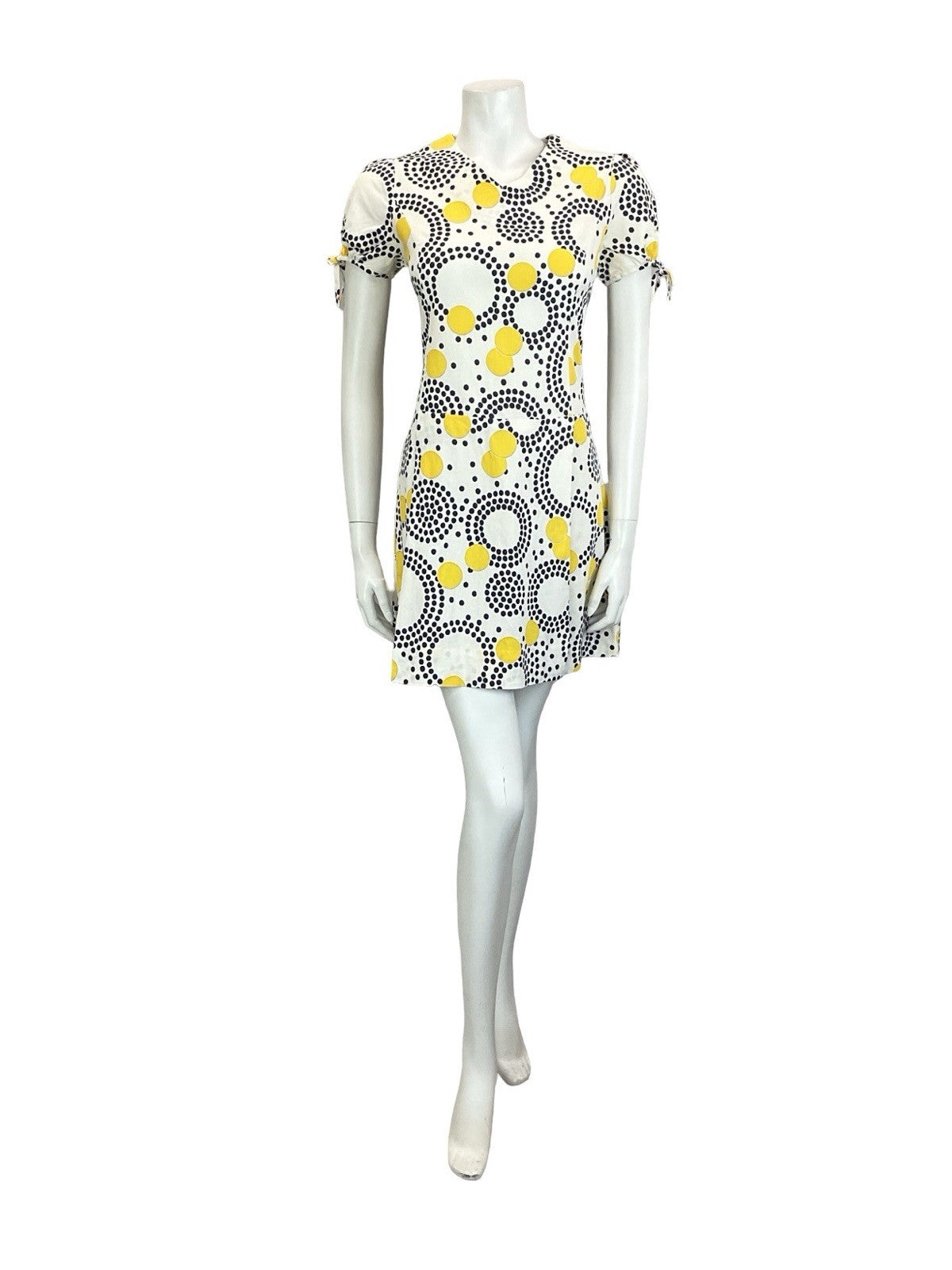 VTG 60S 70S WHITE BLUE YELLOW GEOMETRIC DOT PUFF SLEEVE PLEATED MINI DRESS 12