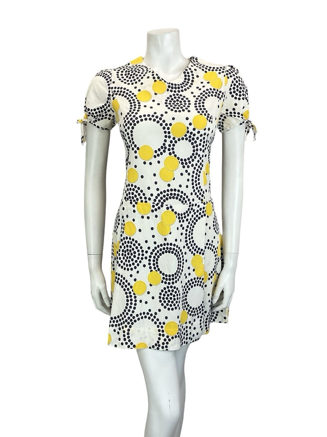 VTG 60S 70S WHITE BLUE YELLOW GEOMETRIC DOT PUFF SLEEVE PLEATED MINI DRESS 12